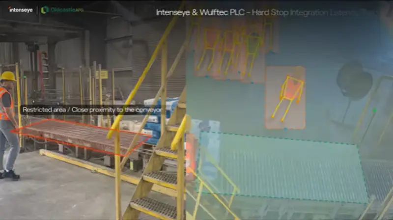 Split view from Bob Malin’s post: a worker near a conveyor flagged “Restricted area / Close proximity to the conveyor”, beside Intenseye’s hard-stop detection overlay