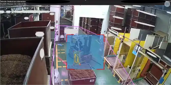 Overhead camera view of a JTI factory floor with an Intenseye vehicle-pedestrian interaction zone highlighted around a forklift
