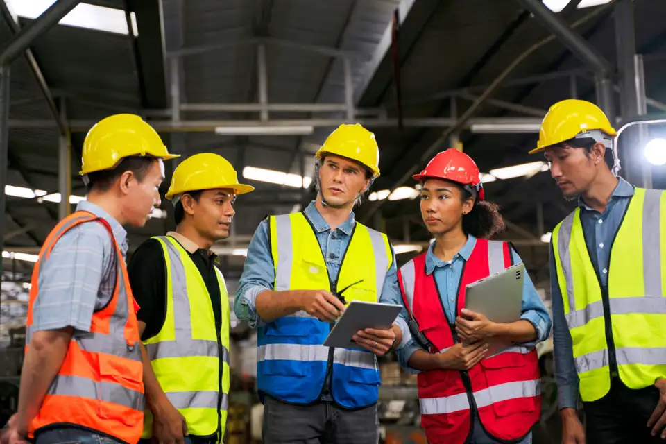 Technicians reviewing an install on the floor