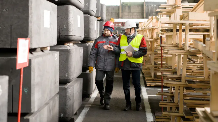 Two workers in hard hats and high-visibility vests walking between stacked concrete blocks and timber pallets at a building materials plant