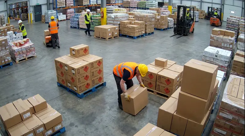 Worker lifting a box near forklift traffic in a warehouse
