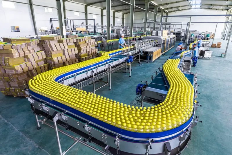 Bottling conveyor line on a beverage plant floor