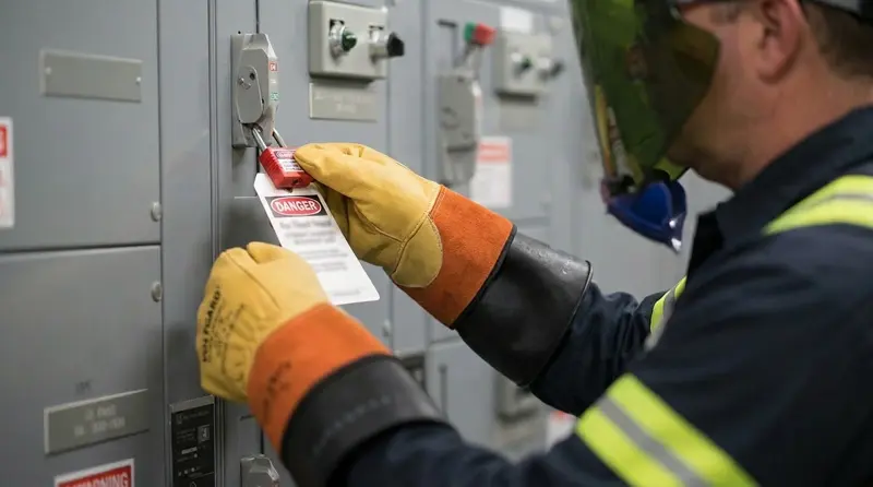 Worker applying a lockout/tagout padlock and DANGER tag at an electrical panel