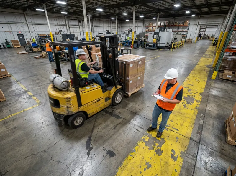 Forklift passing a pedestrian in a plant aisle