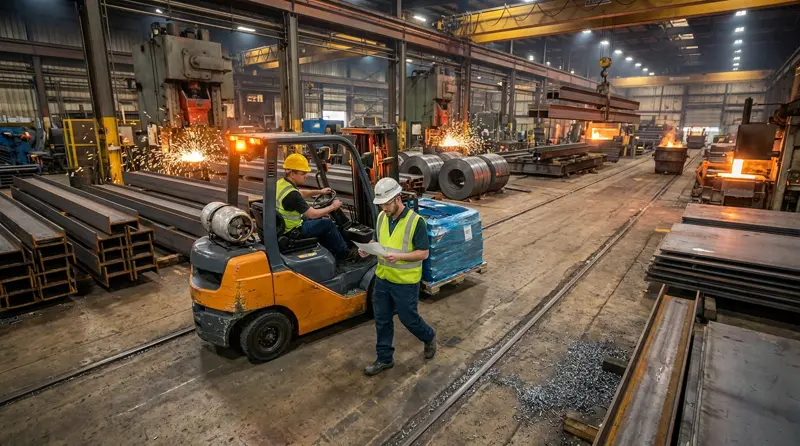 Workers and mobile equipment in a steel fabrication bay