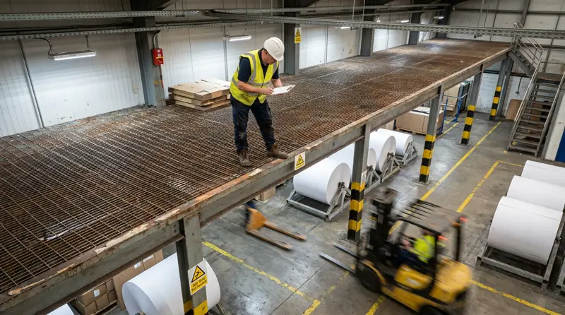 Worker on an elevated mezzanine walkway above paper reels and a forklift