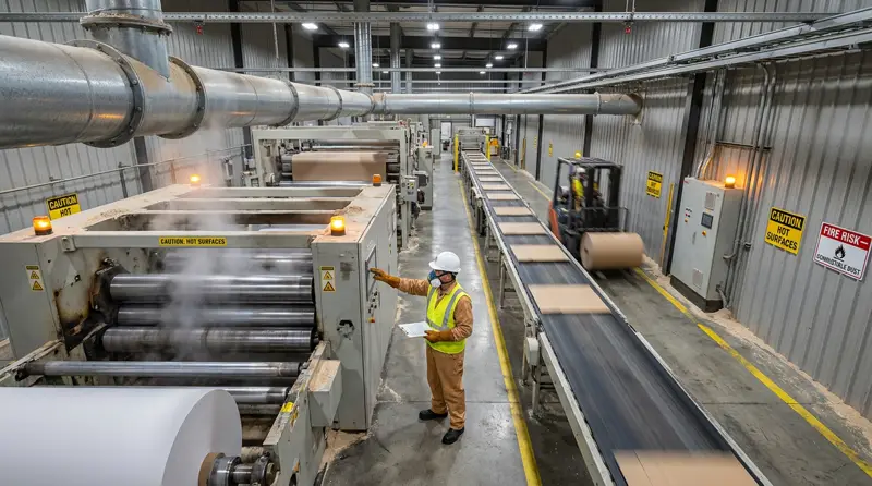 Hot paper-dryer line with steam, caution hot-surface and combustible-dust signage