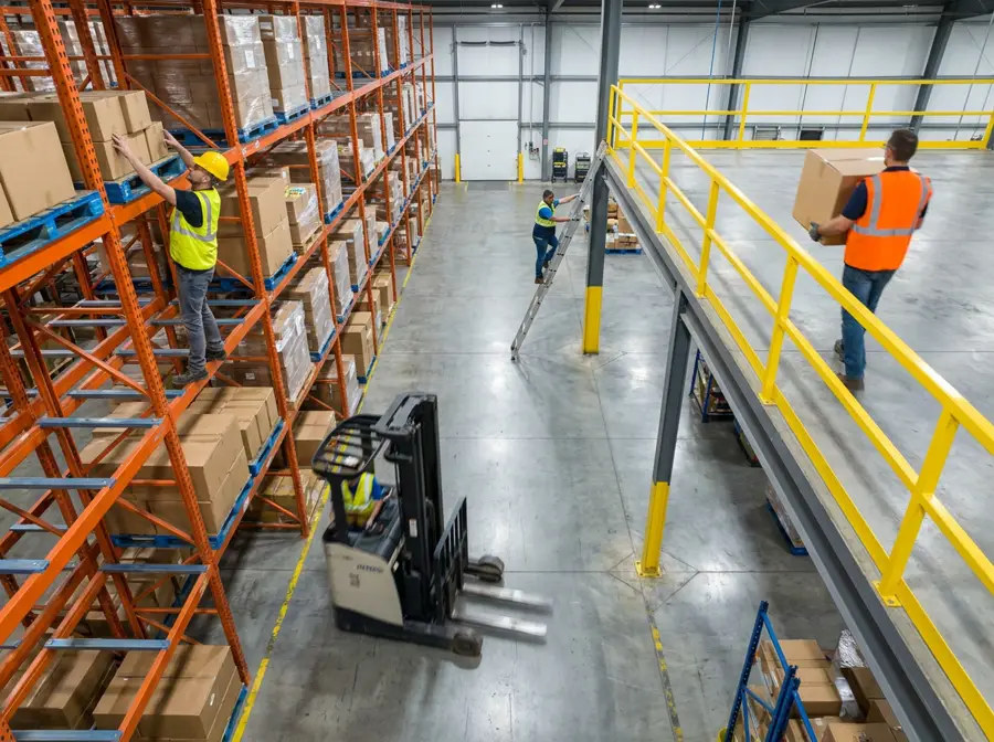 High racking and mezzanine levels in a warehouse