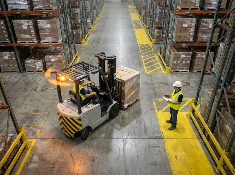 Forklift and pedestrian crossing paths in a warehouse aisle