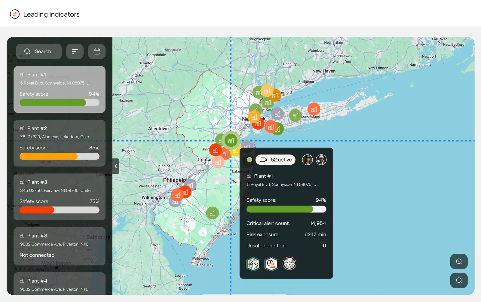 Leading-indicators map view with per-plant safety scores and a plant detail panel