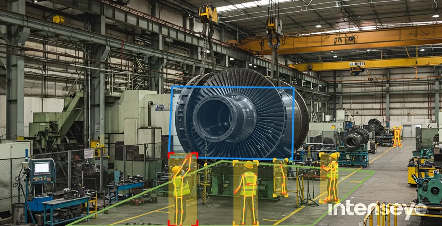 Turbine assembly hall with AI overlays highlighting workers, floor zones, and a crane-lifted rotor