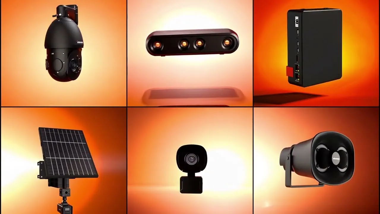 Six Sentinel devices on orange backdrops: a PTZ camera, a depth-sensor bar, an edge compute unit, a solar-powered camera, a compact camera, and an alert speaker