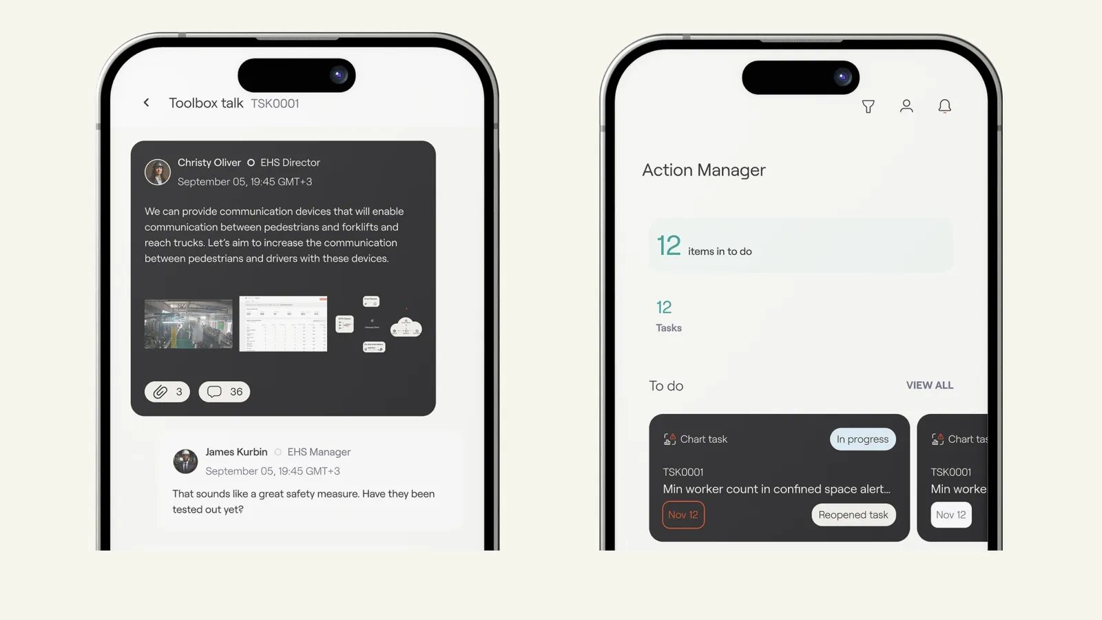 Intenseye mobile app: a toolbox-talk discussion thread between EHS teammates and the Action Manager to-do list tracking safety tasks
