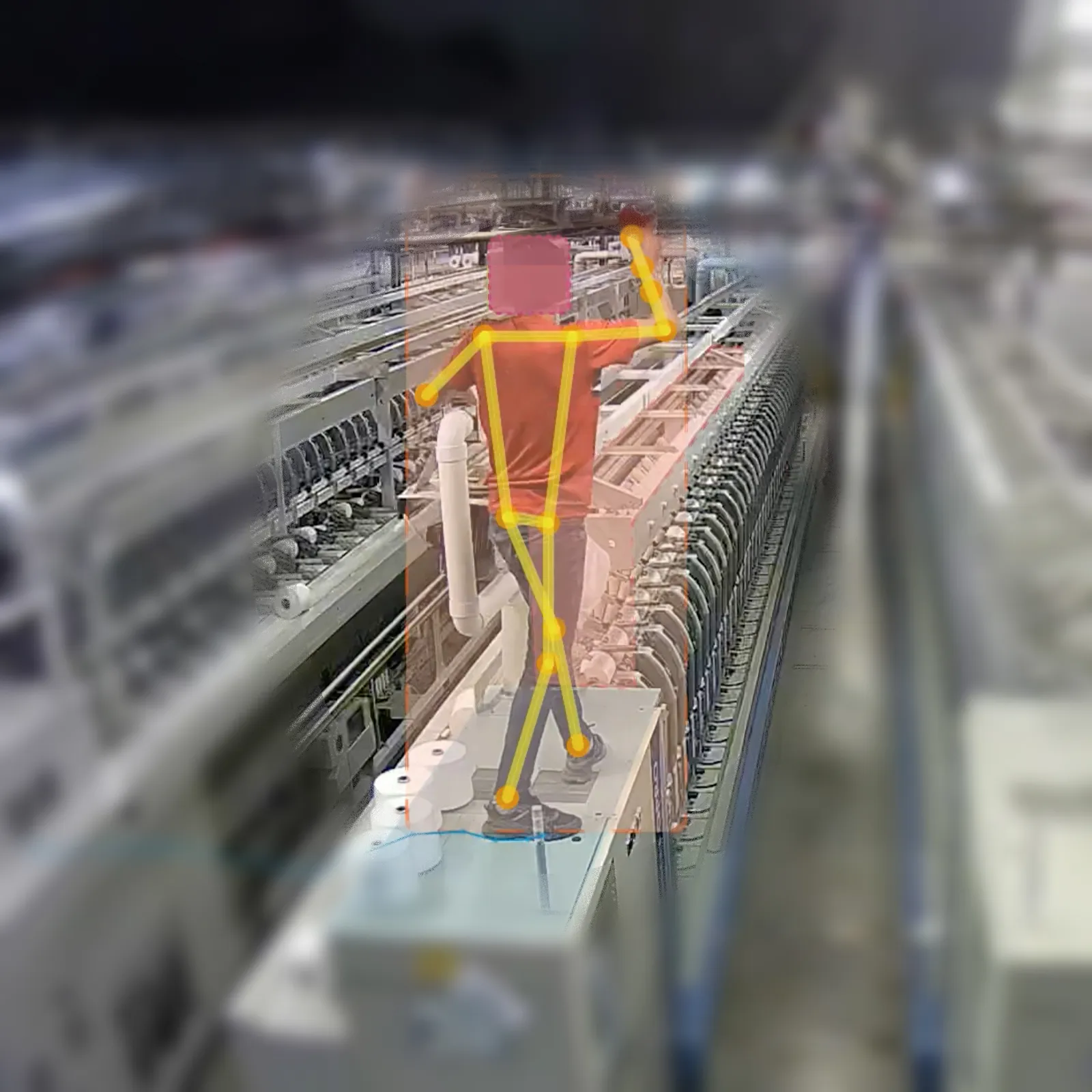 Worker on a production line with AI pose-detection skeleton overlay and anonymized face