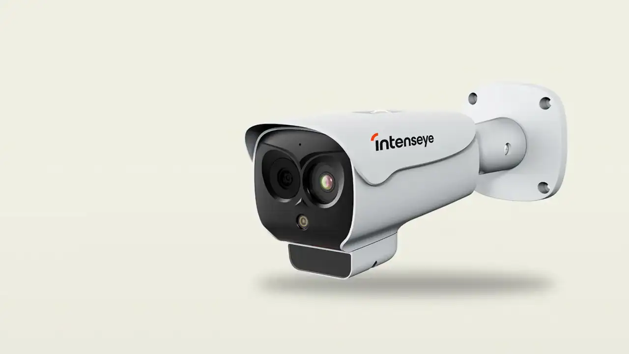Sentinel Thermal white bullet camera render with sunshield and dual lenses on a wall-mount arm