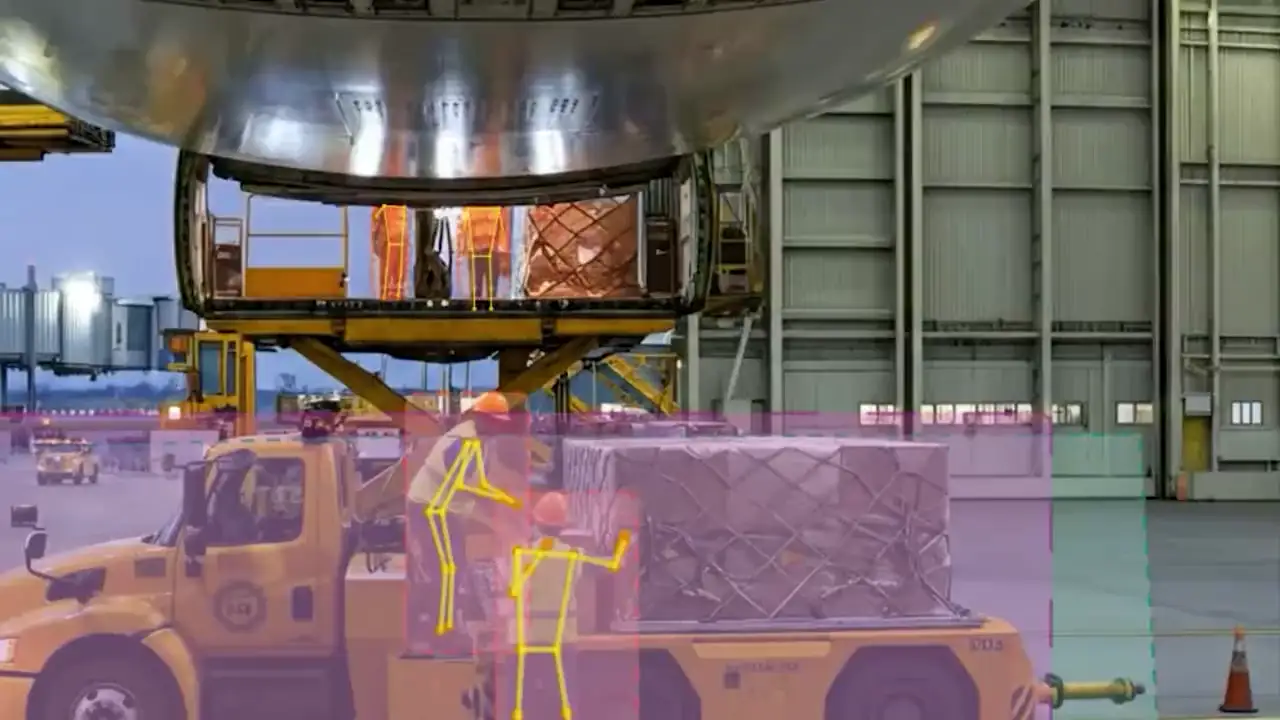 Ground crew and loader flagged with pose and detection overlays while loading an aircraft cargo hold