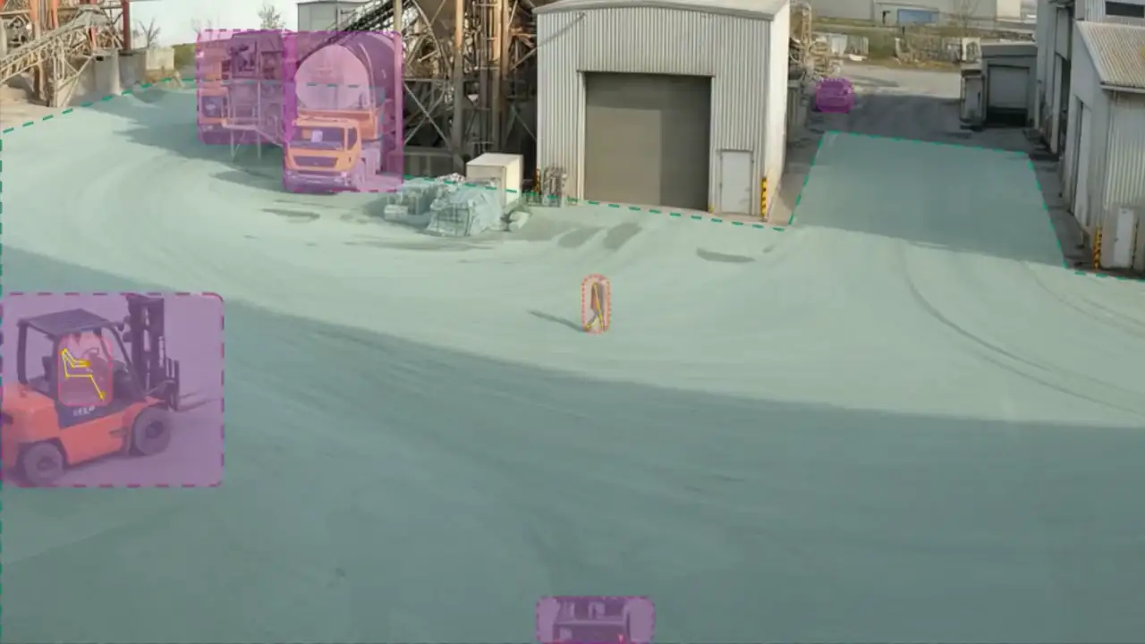 Outdoor yard under a monitored-zone overlay, with trucks and a forklift in detection boxes and a lone pedestrian tracked mid-yard